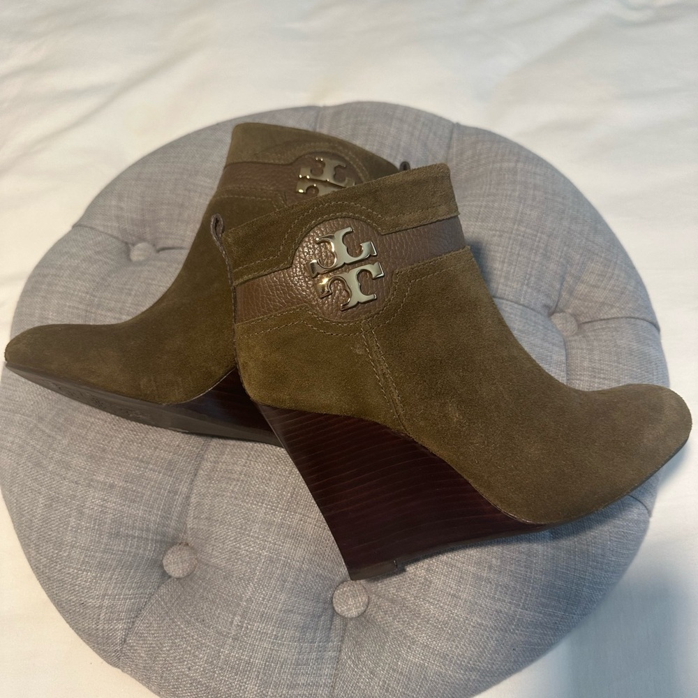 Tory Burch “Alaina” Suede Wedge Booties
